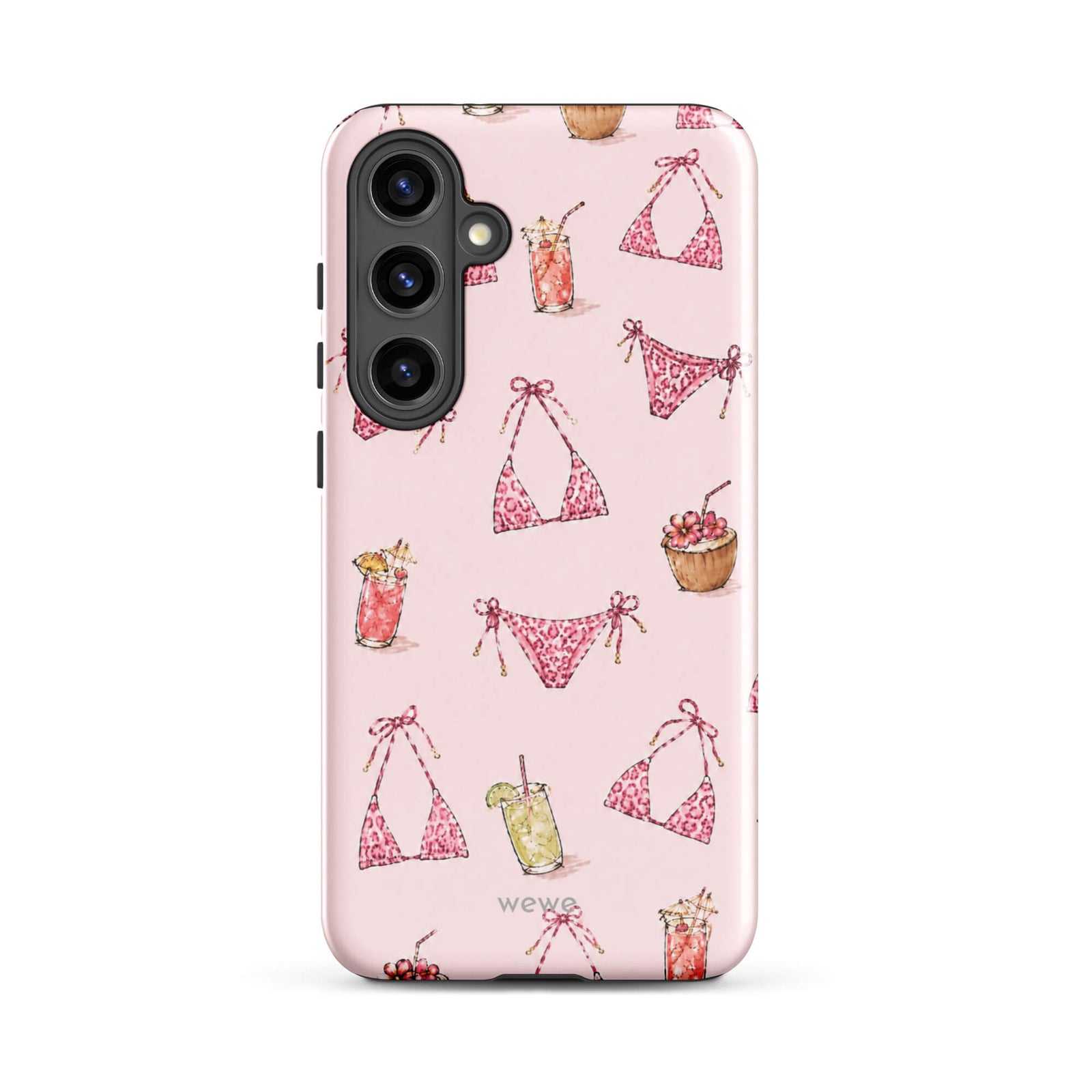Pink Leopard Bikini and Cocktail Phone Case featuring hot pink animal-print swimwear, tropical drinks and coconuts on a blush pink background
