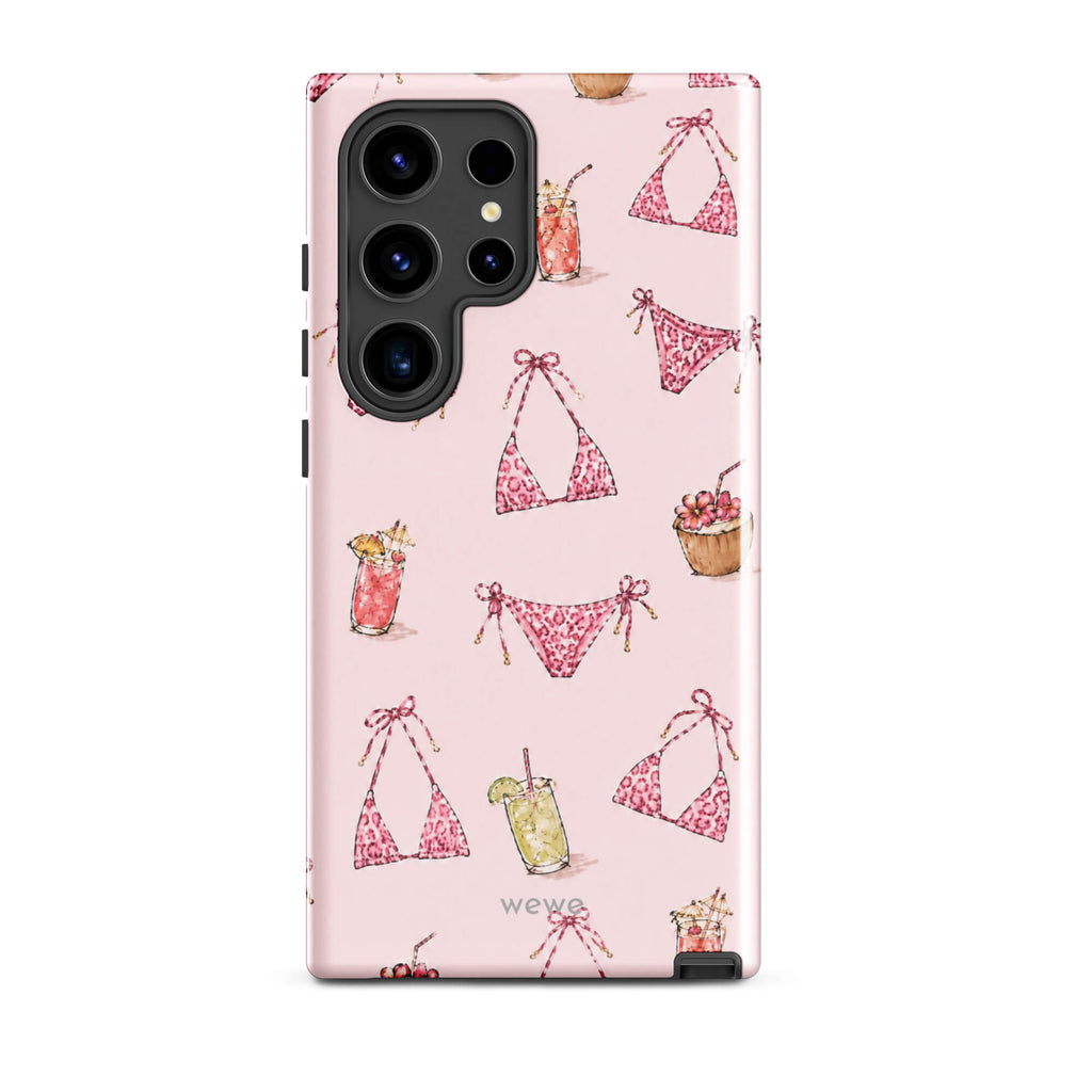 Pink Leopard Bikini and Cocktail Phone Case featuring hot pink animal-print swimwear, tropical drinks and coconuts on a blush pink background