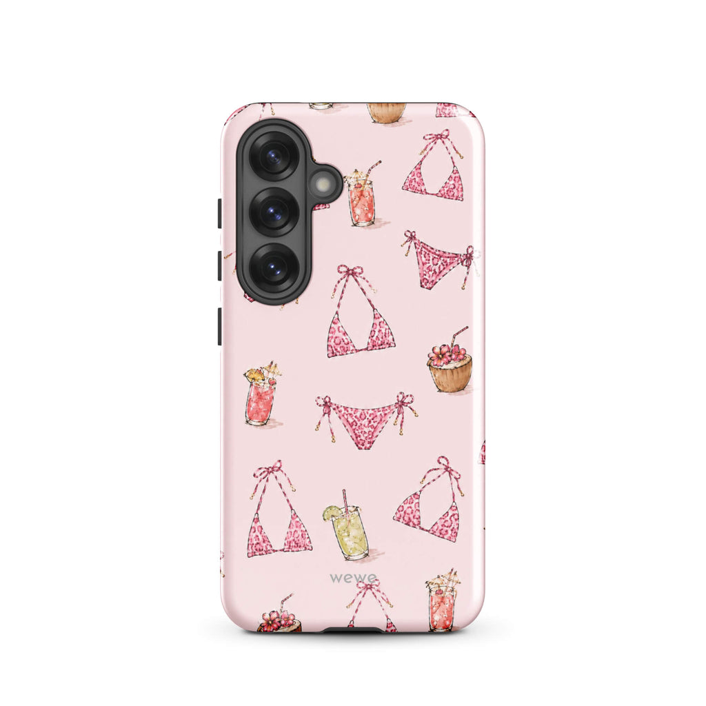 Pink Leopard Bikini and Cocktail Phone Case featuring hot pink animal-print swimwear, tropical drinks and coconuts on a blush pink background