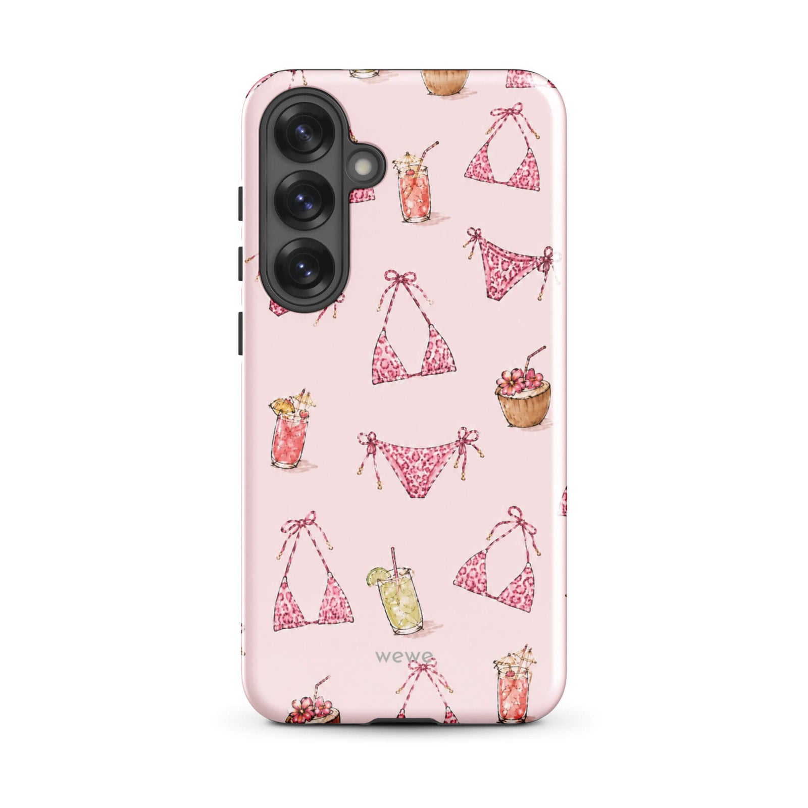 Pink Leopard Bikini and Cocktail Phone Case featuring hot pink animal-print swimwear, tropical drinks and coconuts on a blush pink background