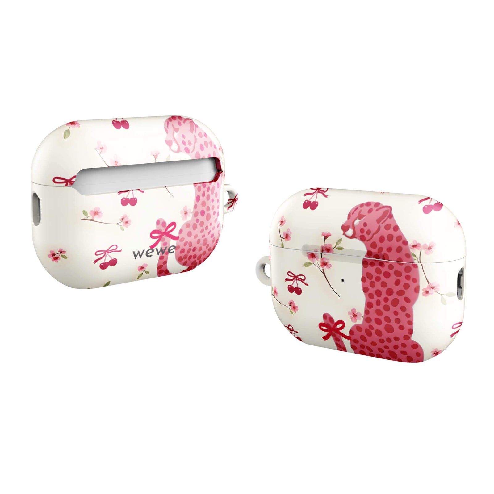 Custom AirPods case pro gen2 with a cute pattern of a pink leopard print cheetah and red cherries on a white floral background.