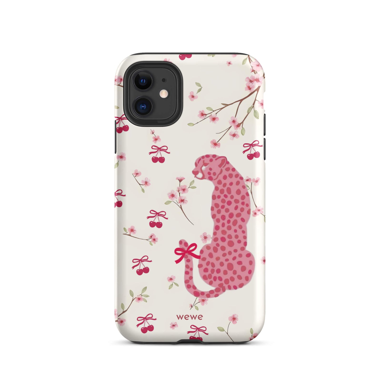 Custom iPhone case 11 with a cute pattern of a pink leopard print cheetah and red cherries on a white floral background.