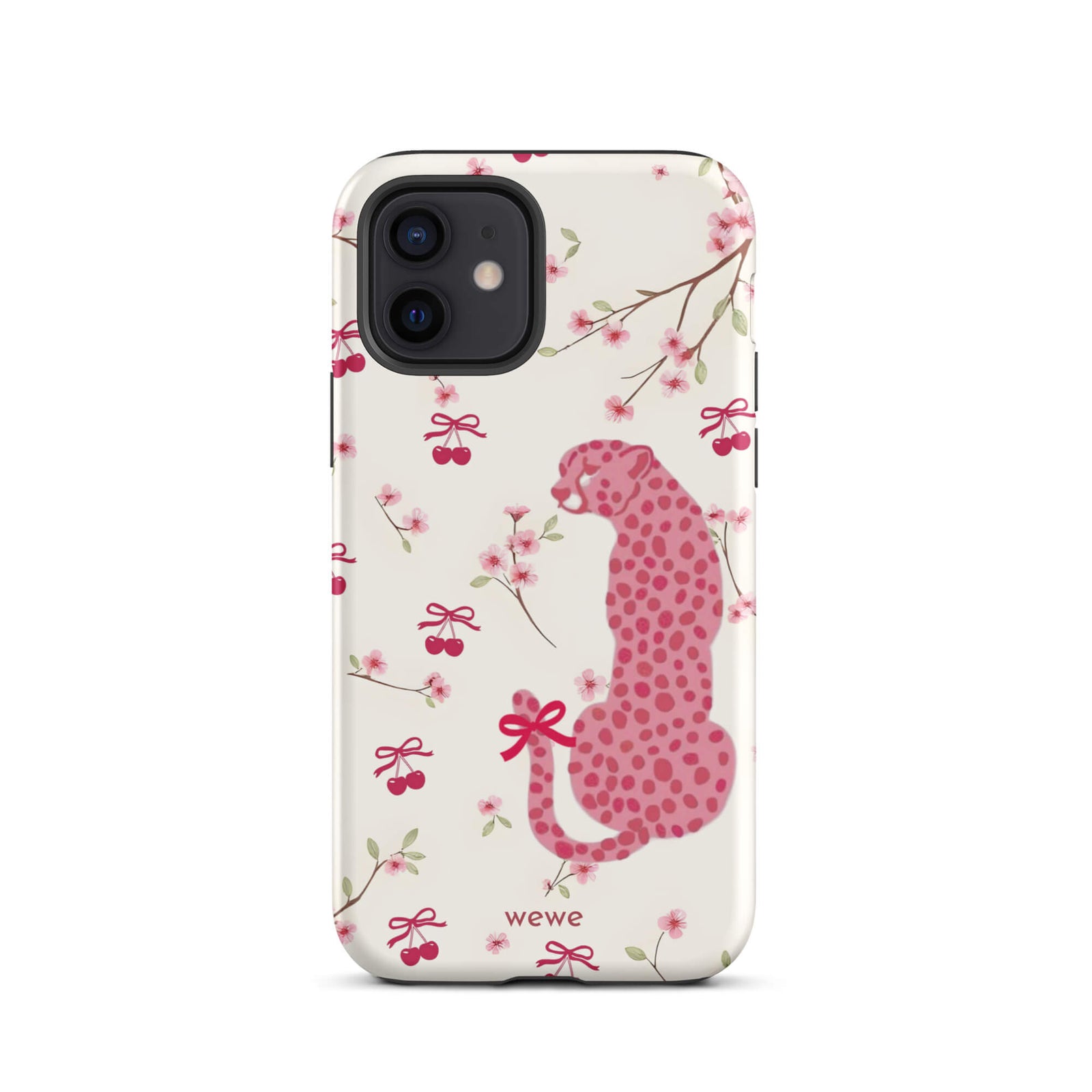 Custom iPhone case 12 with a cute pattern of a pink leopard print cheetah and red cherries on a white floral background.