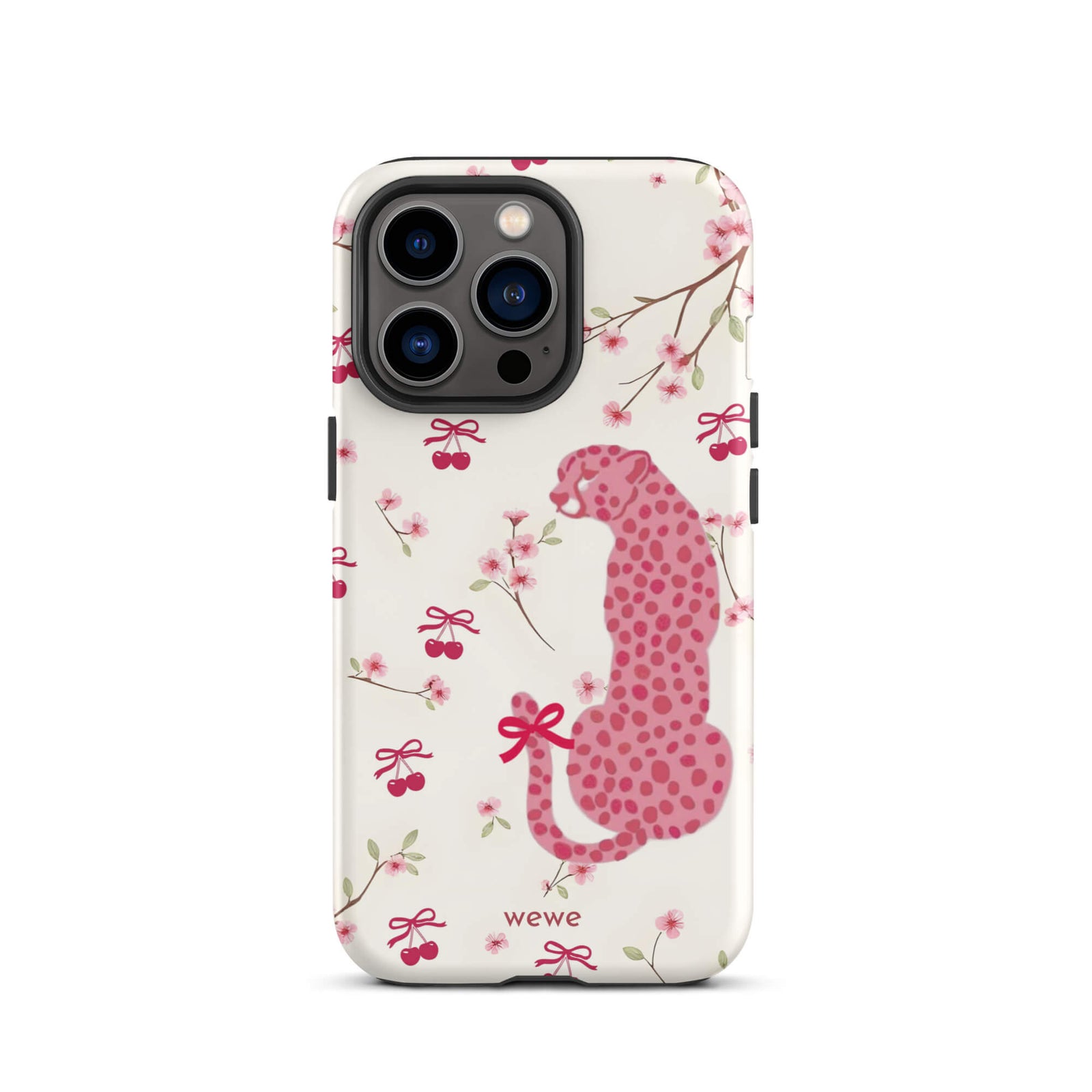 Custom iPhone case 13 pro with a cute pattern of a pink leopard print cheetah and red cherries on a white floral background.