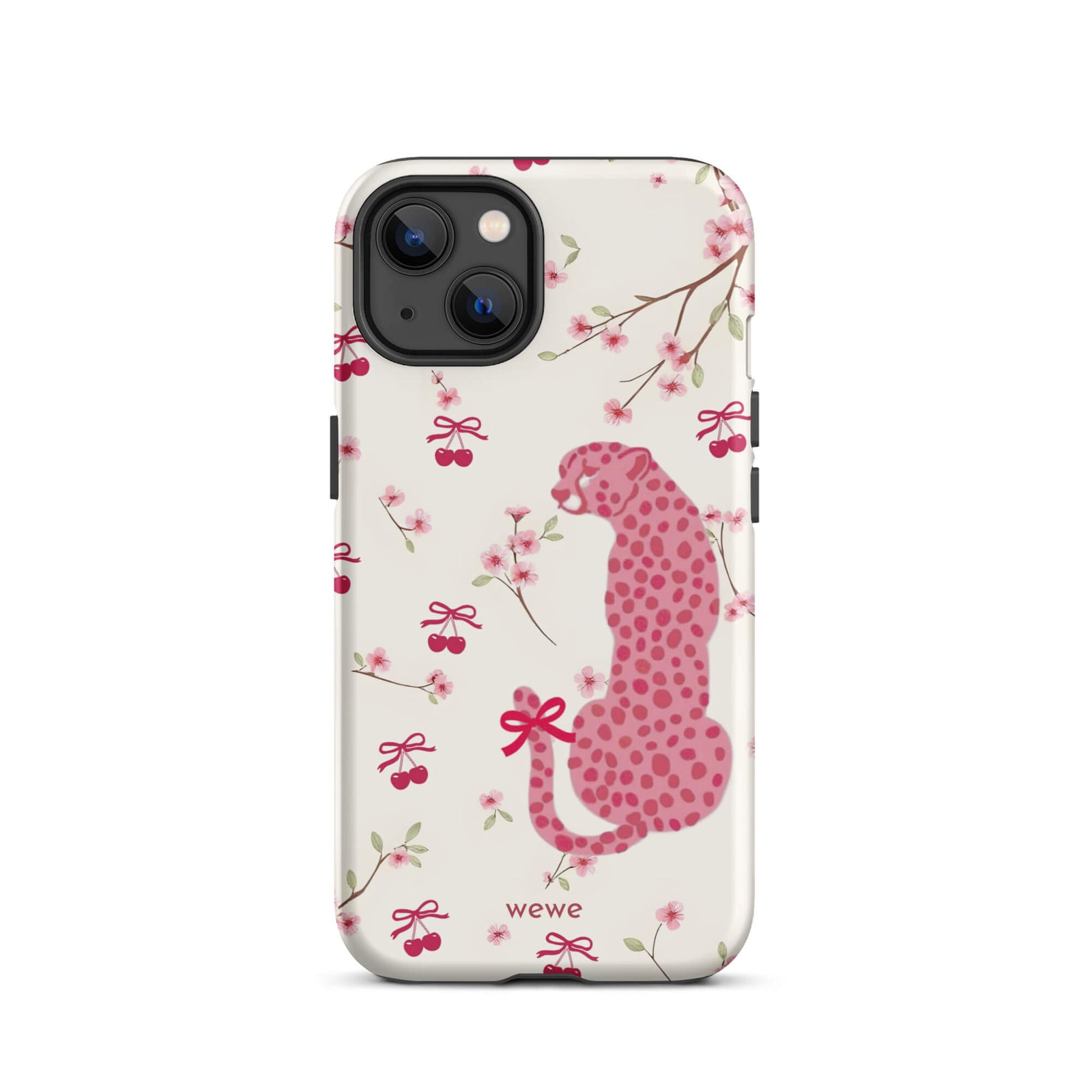 Custom iPhone case 13 with a cute pattern of a pink leopard print cheetah and red cherries on a white floral background.