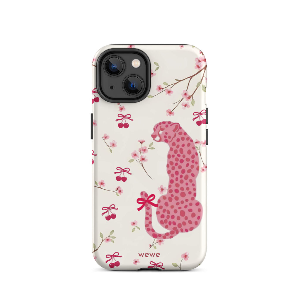 Custom iPhone case 14 with a cute pattern of a pink leopard print cheetah and red cherries on a white floral background.