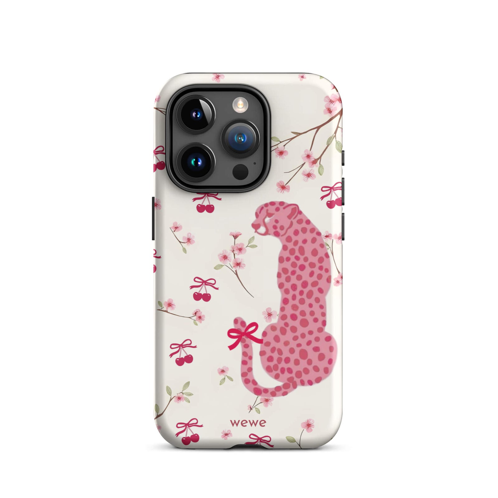 Custom iPhone case 15 pro with a cute pattern of a pink leopard print cheetah and red cherries on a white floral background.