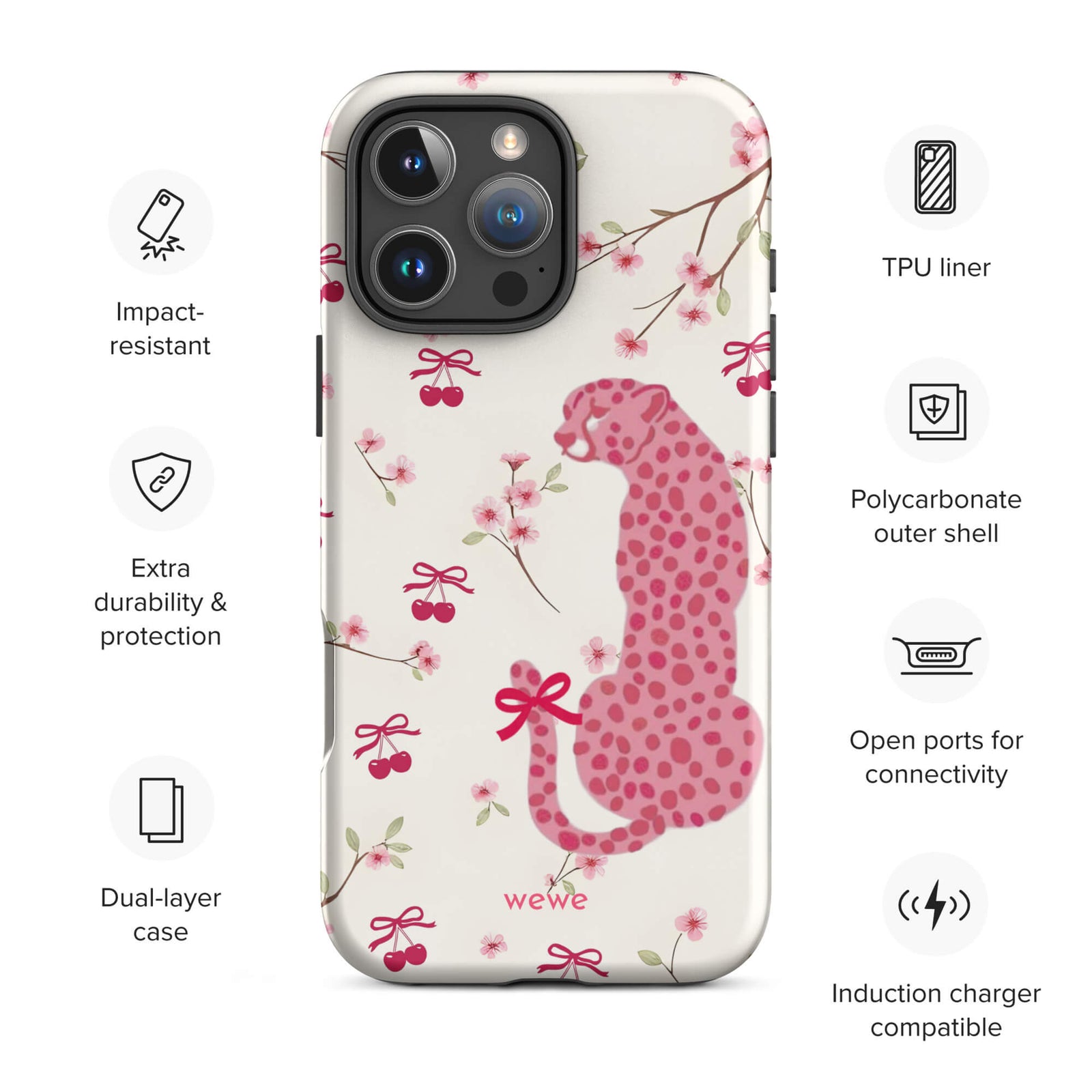 Custom rose leopard print iphone case 16 pro max wireless charging compatible.