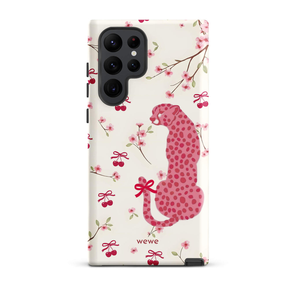 Custom samsung galaxy s22 ultra Phone case with a cute pattern of a pink leopard print cheetah and red cherries on a white floral background.