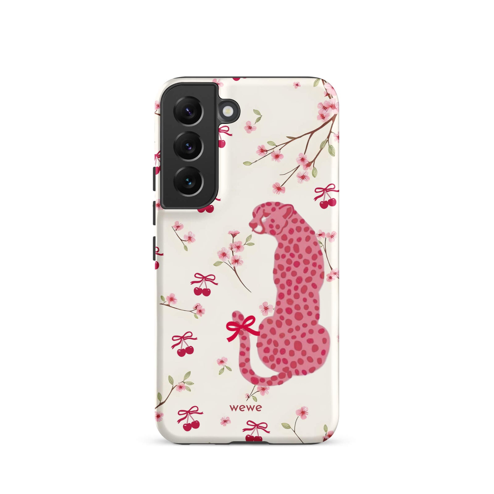 Custom samsung galaxy s22 Phone case with a cute pattern of a pink leopard print cheetah and red cherries on a white floral background.