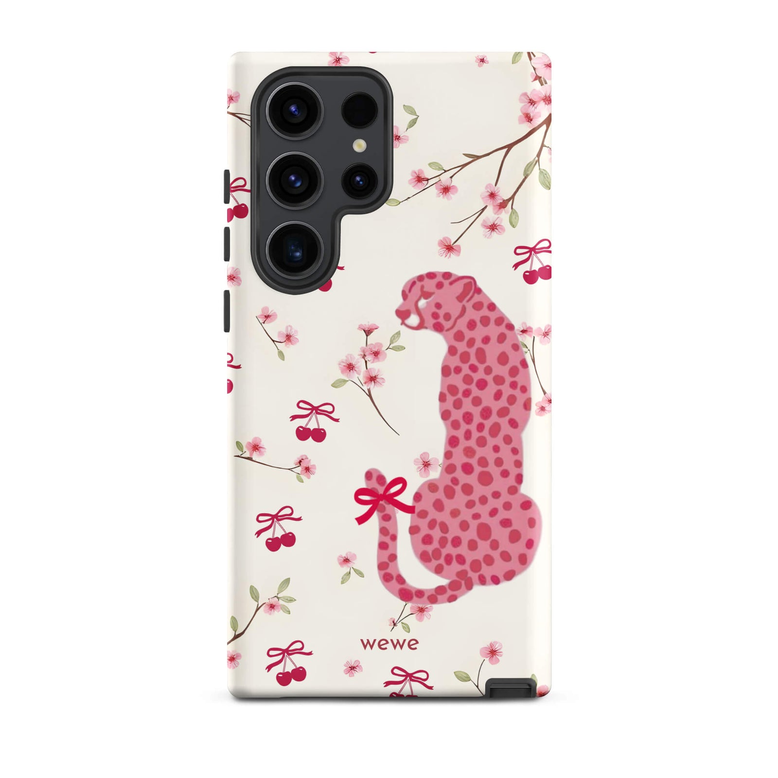 Custom samsung galaxy s23 ultra Phone case with a cute pattern of a pink leopard print cheetah and red cherries on a white floral background.