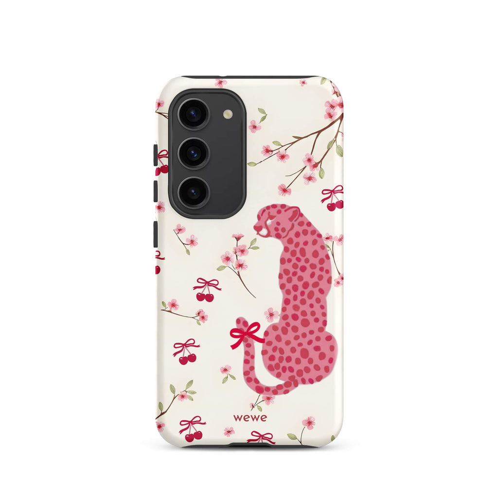 Custom samsung galaxy s23 Phone case with a cute pattern of a pink leopard print cheetah and red cherries on a white floral background.