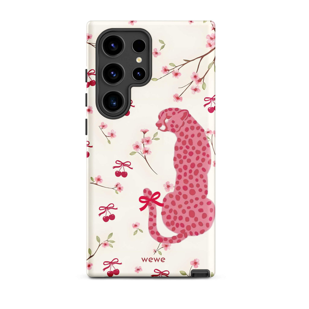 Custom samsung galaxy s24 ultra Phone case with a cute pattern of a pink leopard print cheetah and red cherries on a white floral background.