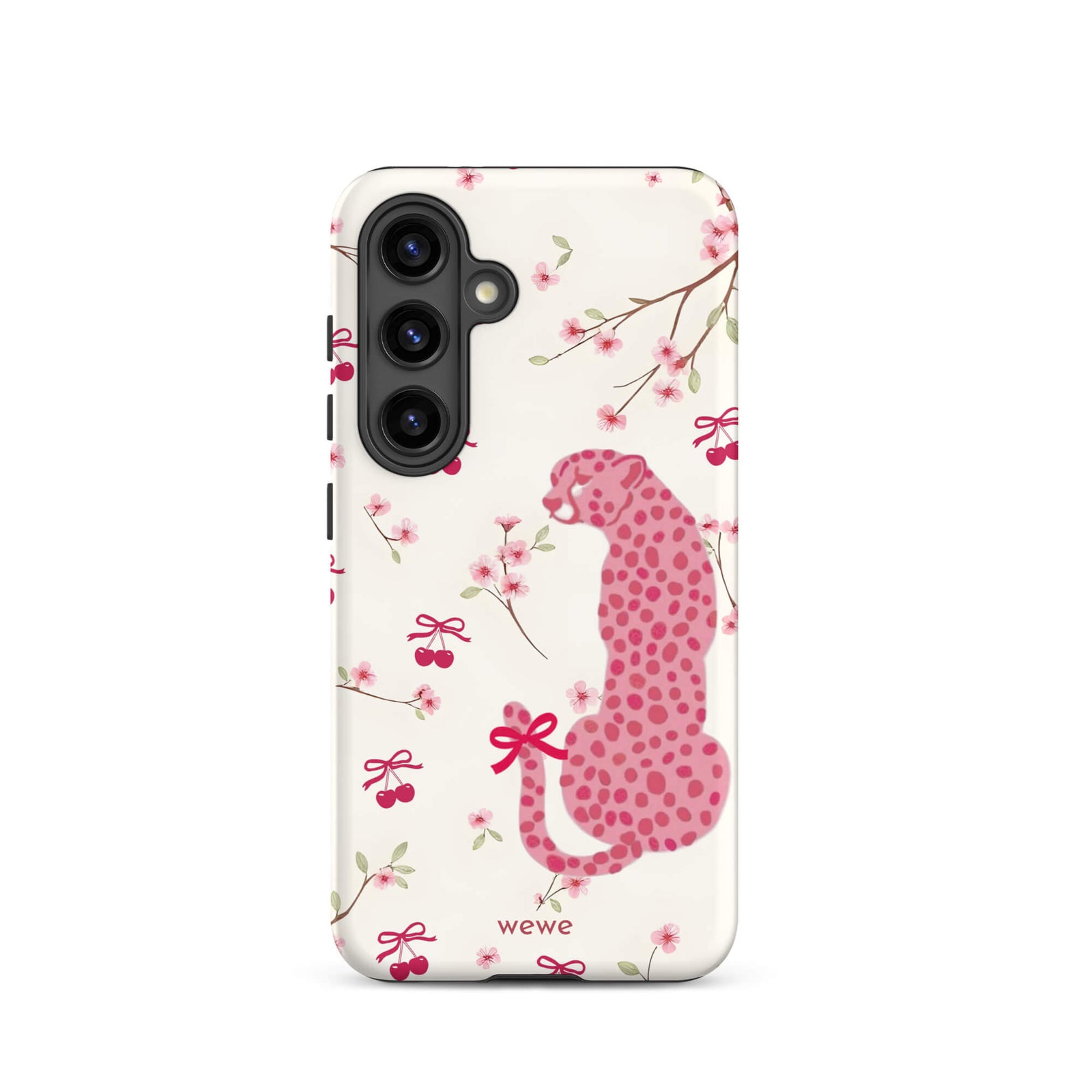 Custom samsung galaxy s24 Phone case with a cute pattern of a pink leopard print cheetah and red cherries on a white floral background.