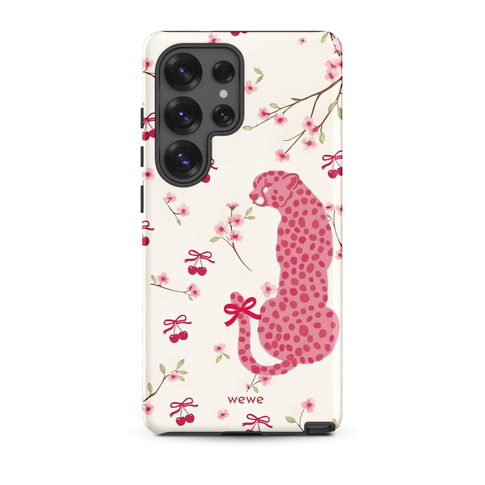 Custom samsung galaxy s25 ultra Phone case with a cute pattern of a pink leopard print cheetah and red cherries on a white floral background.