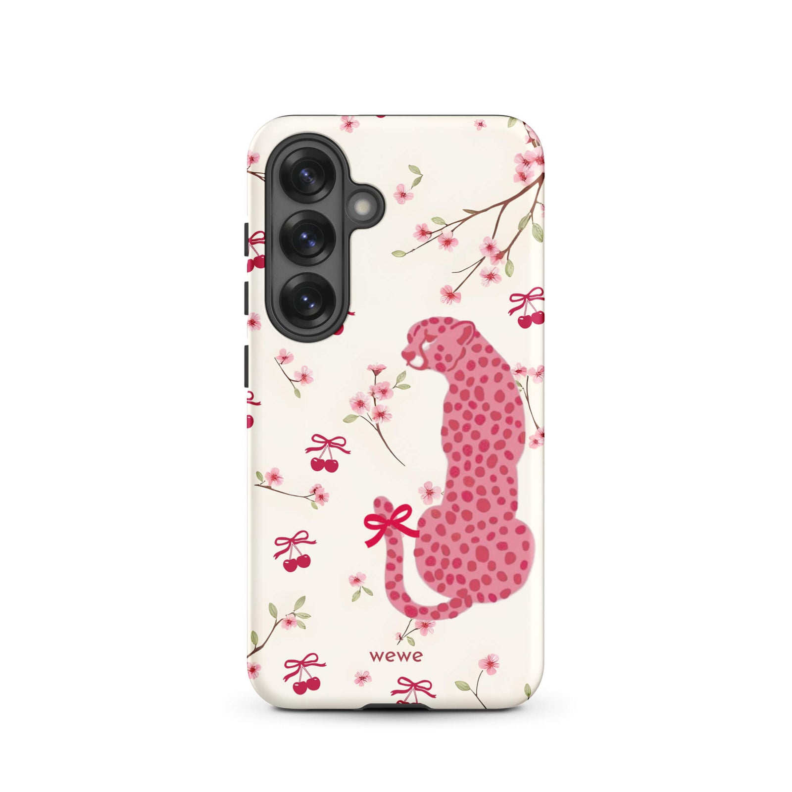 Custom samsung galaxy s25 Phone case with a cute pattern of a pink leopard print cheetah and red cherries on a white floral background.