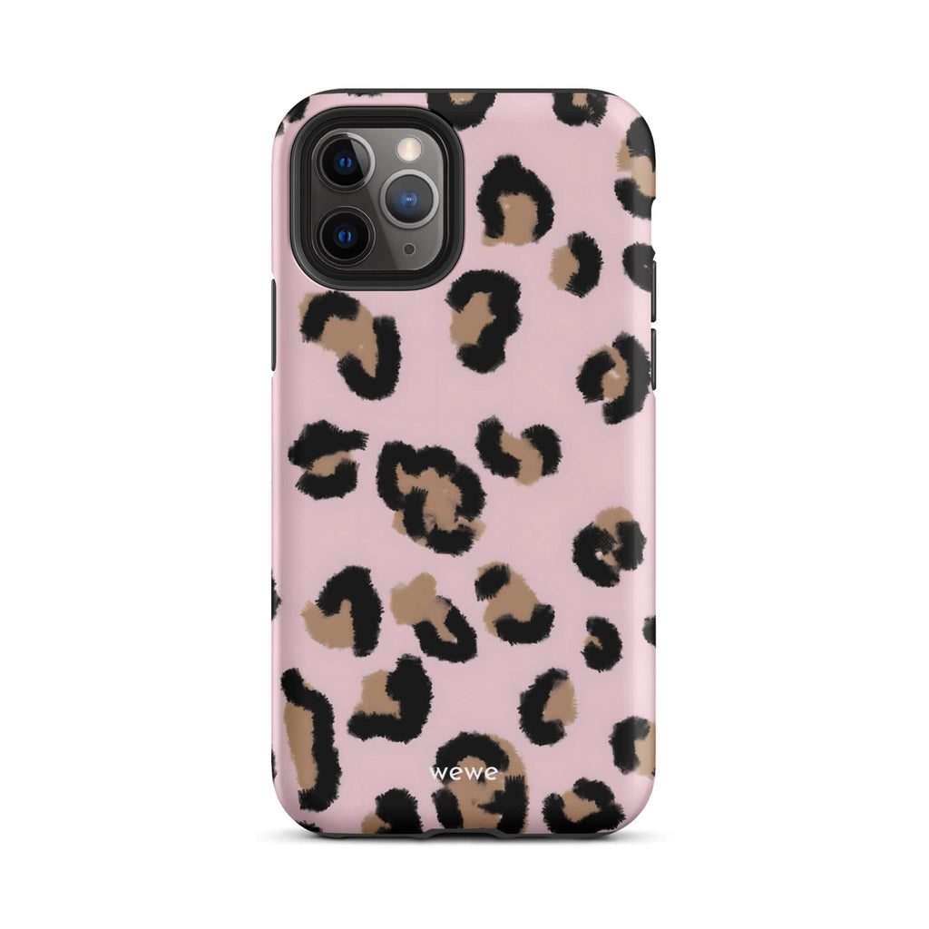 Custom iPhone case 11 pro with a chic leopard animal print pattern on a pink background.