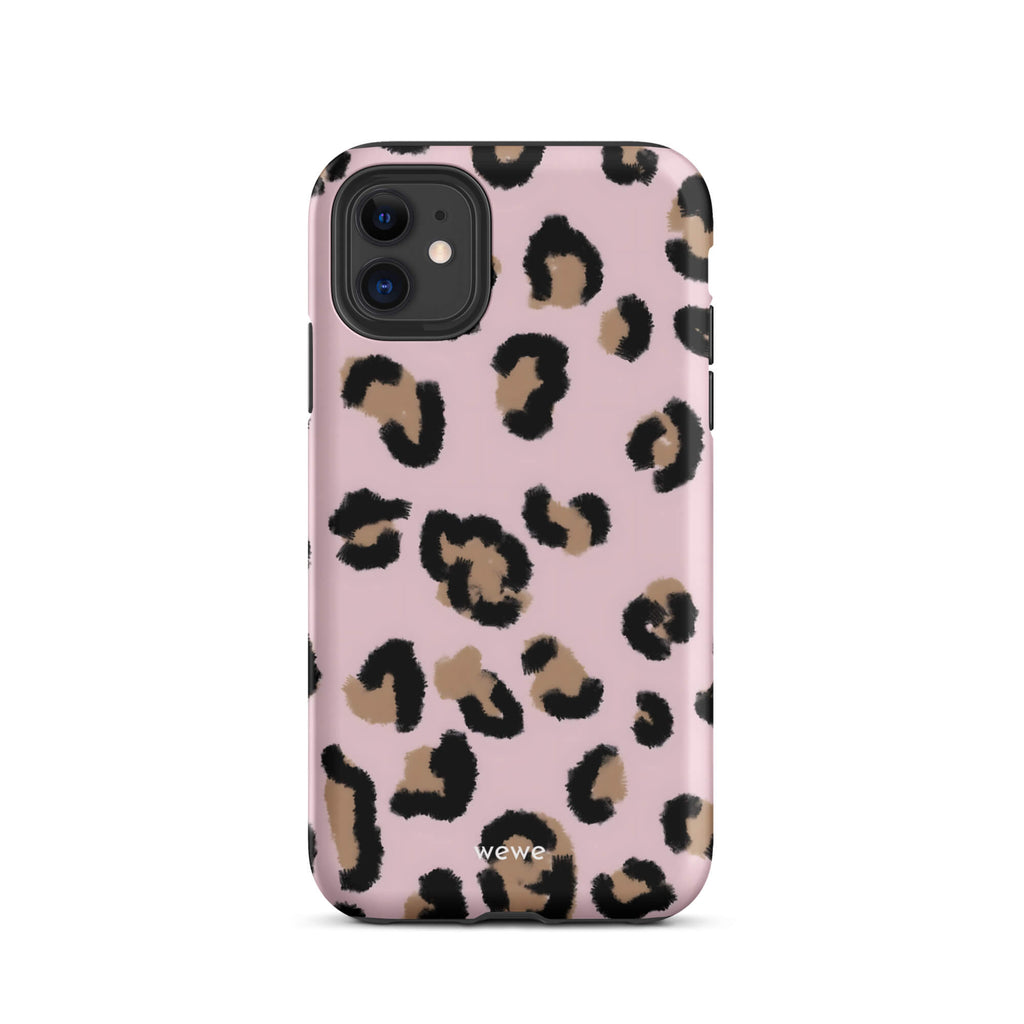 Custom iPhone case 11 with a chic leopard animal print pattern on a pink background.