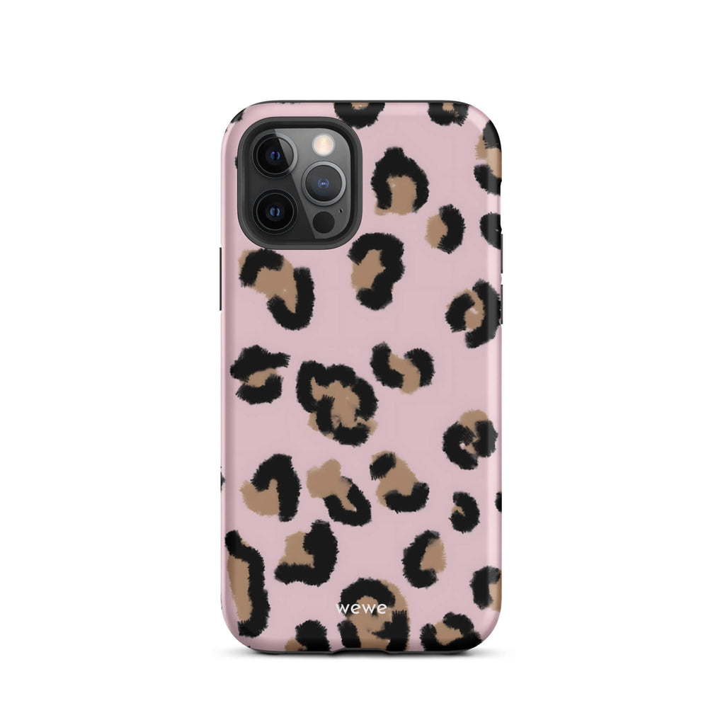 Custom iPhone case 12 pro with a chic leopard animal print pattern on a pink background.
