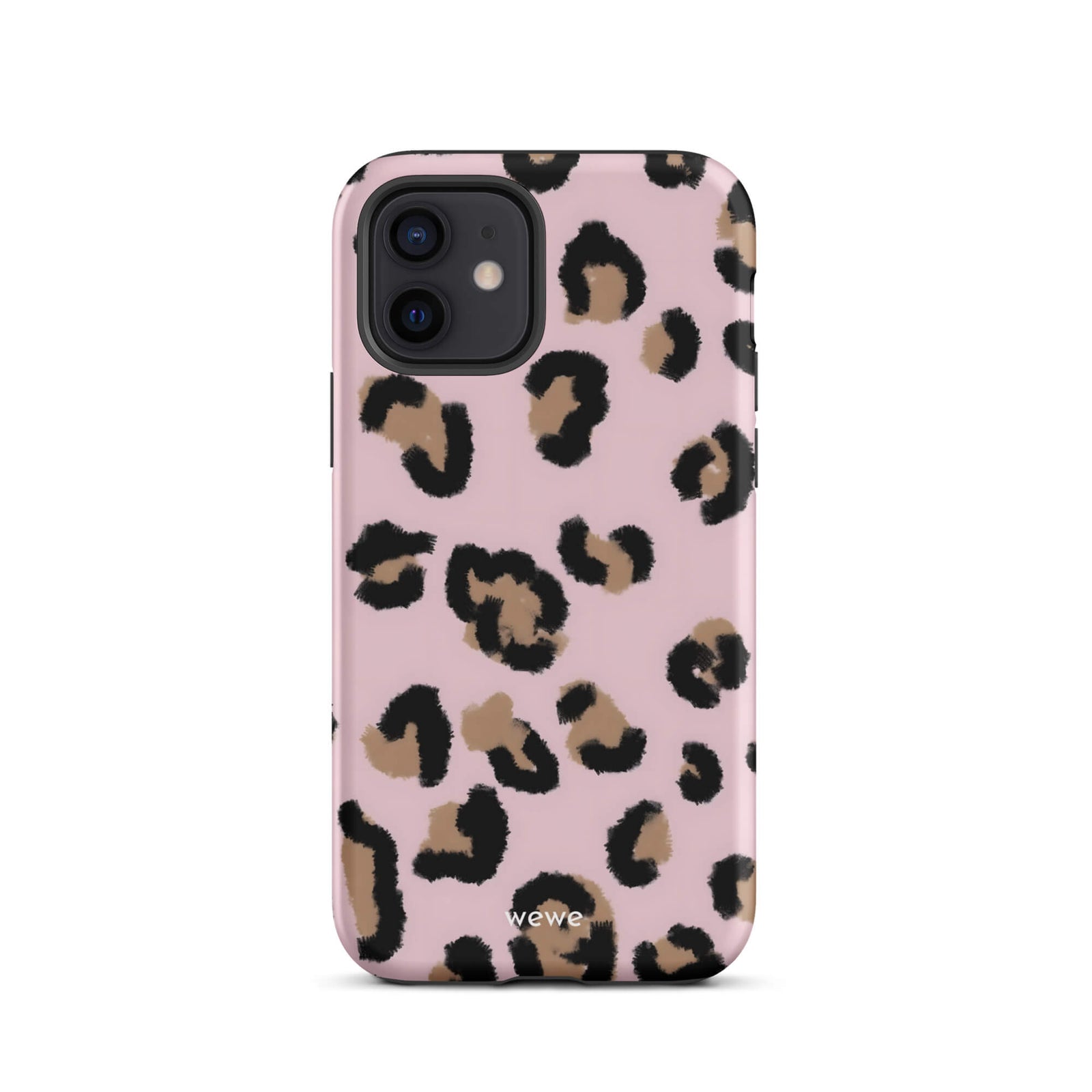 Custom iPhone case 12 with a chic leopard animal print pattern on a pink background.