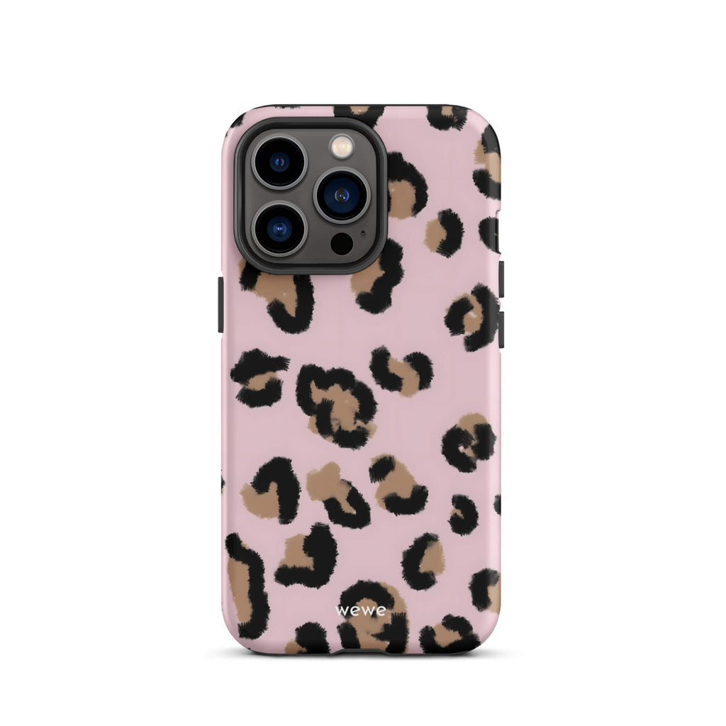 Custom iPhone case 13 pro with a chic leopard animal print pattern on a pink background.