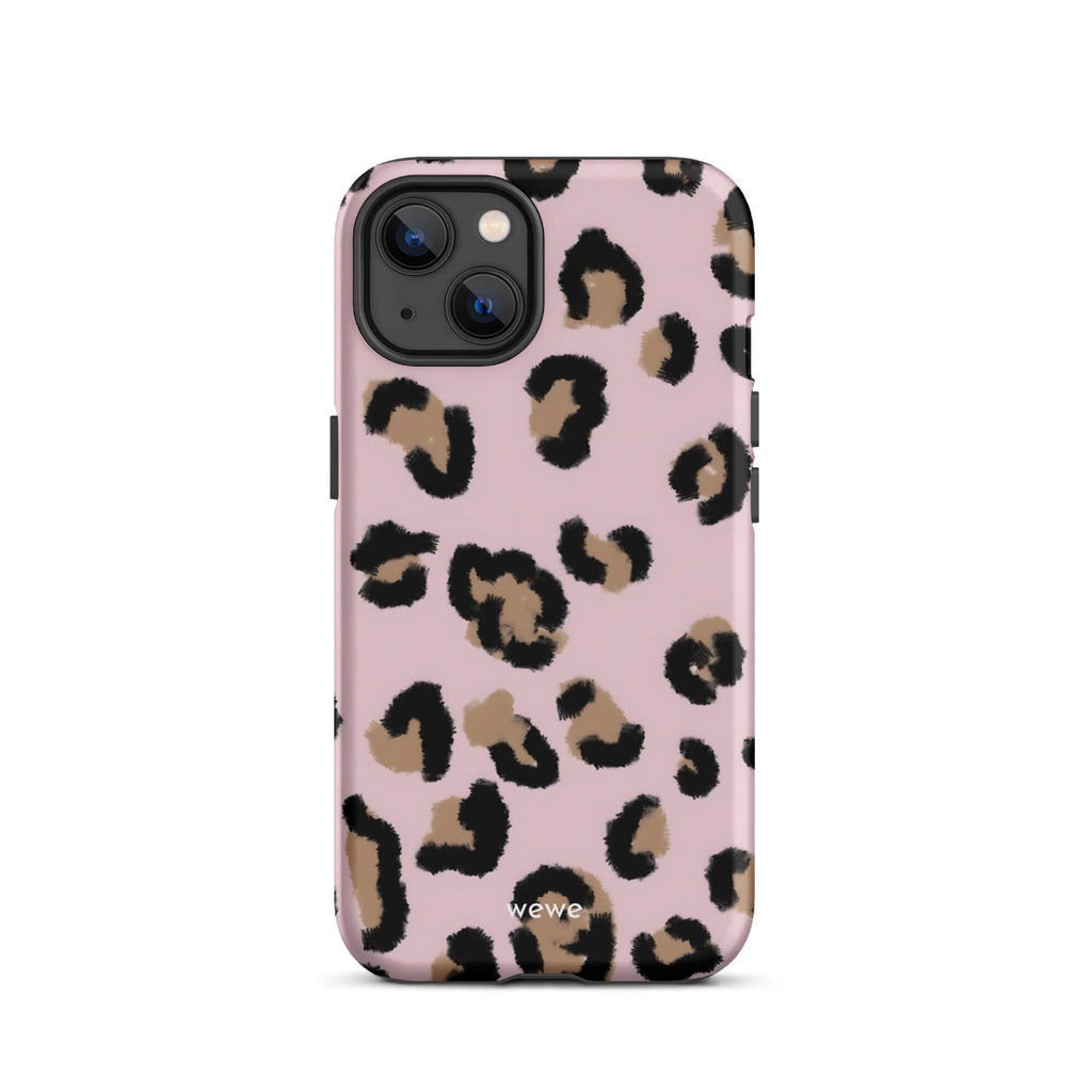 Custom iPhone case 13 with a chic leopard animal print pattern on a pink background.