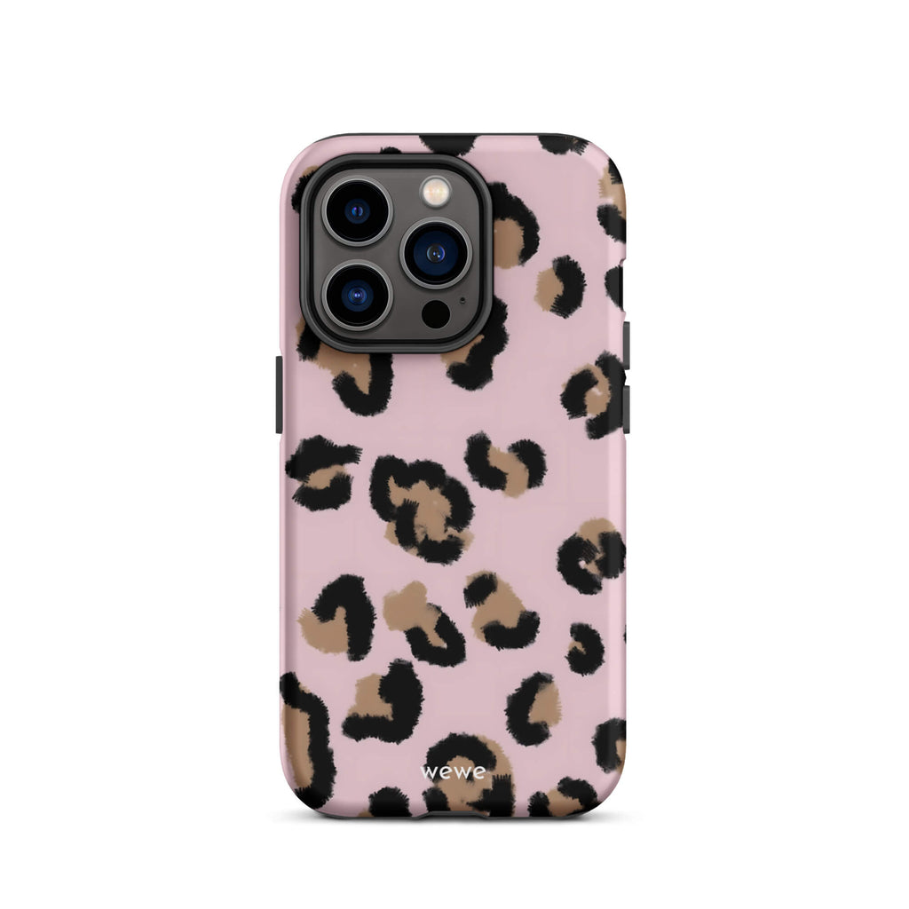 Custom iPhone case 14 pro with a chic leopard animal print pattern on a pink background.