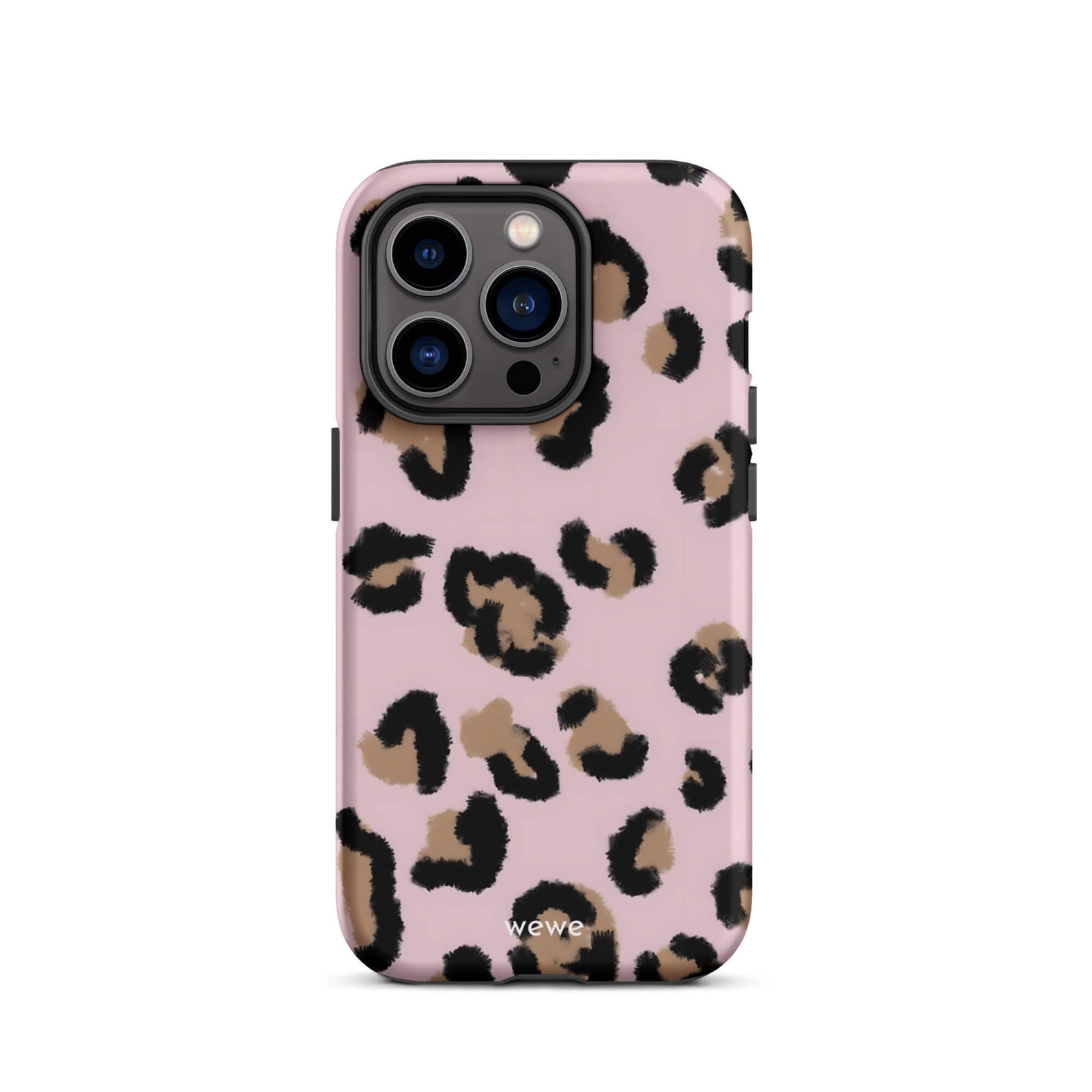Custom iPhone case 14 pro with a chic leopard animal print pattern on a pink background.