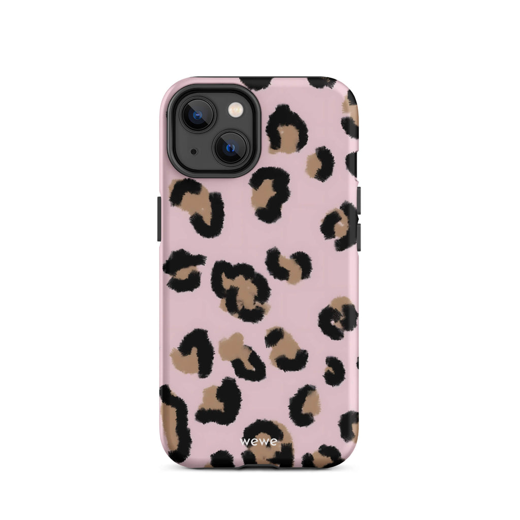 Custom iPhone case 14 with a chic leopard animal print pattern on a pink background.