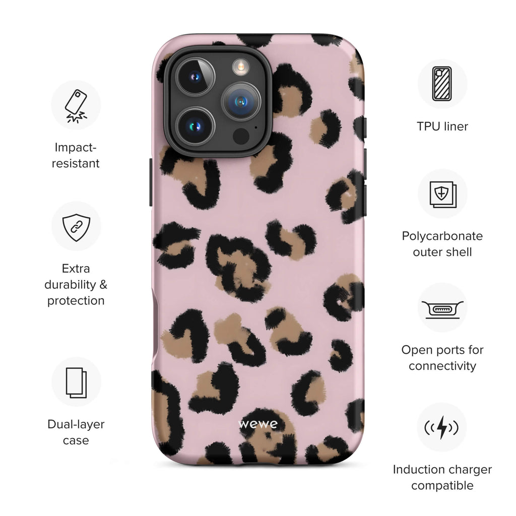 Custom pink leopard print iphone case 16 pro max wireless charging compatible.
