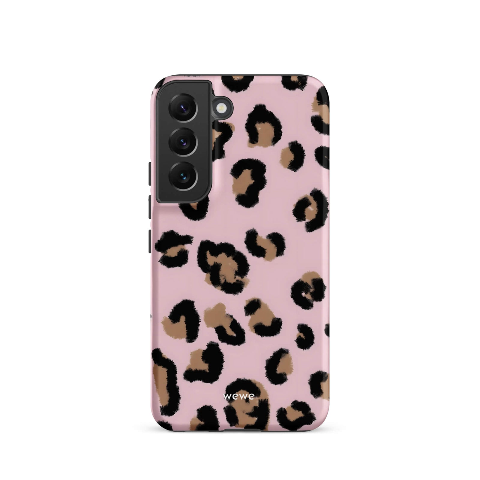 Custom samsung galaxy s22 Phone case with a chic leopard animal print pattern on a pink background.