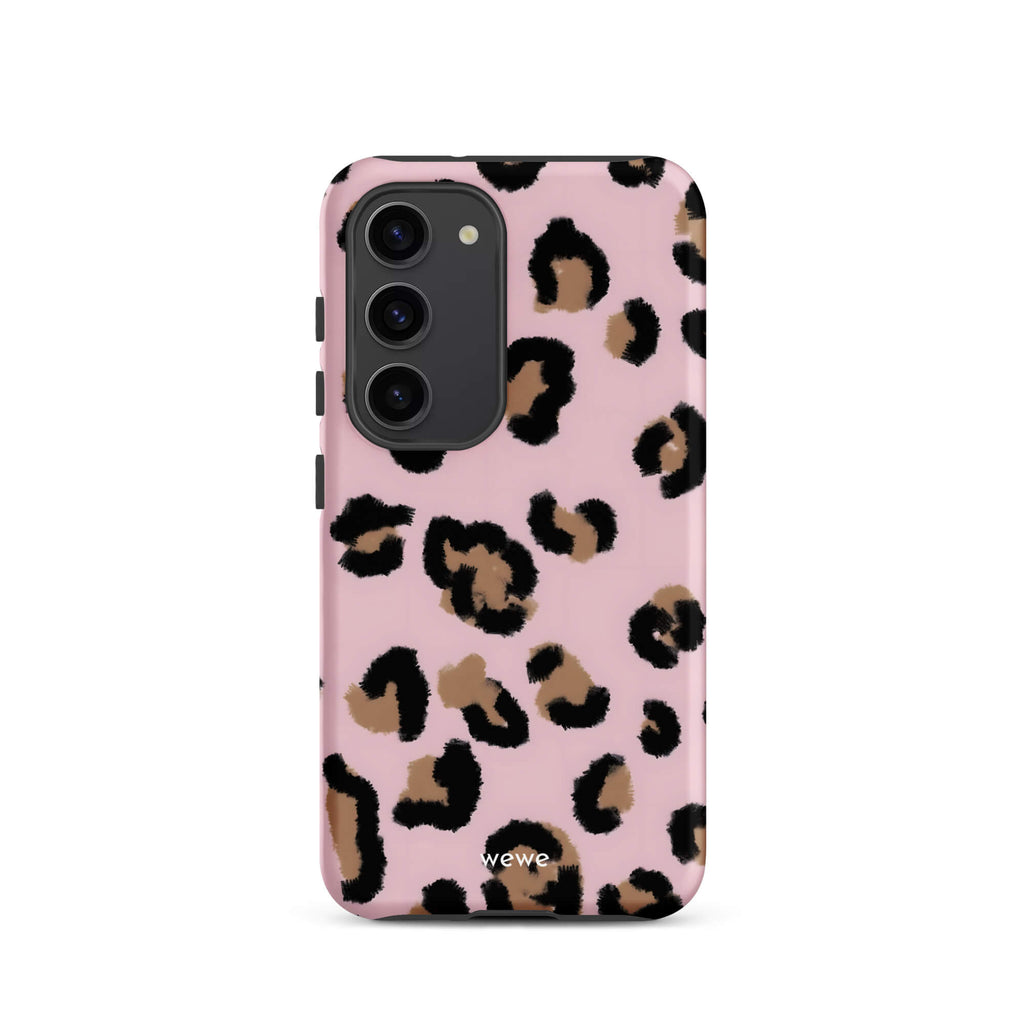 Custom samsung galaxy s23 Phone case with a chic leopard animal print pattern on a pink background.