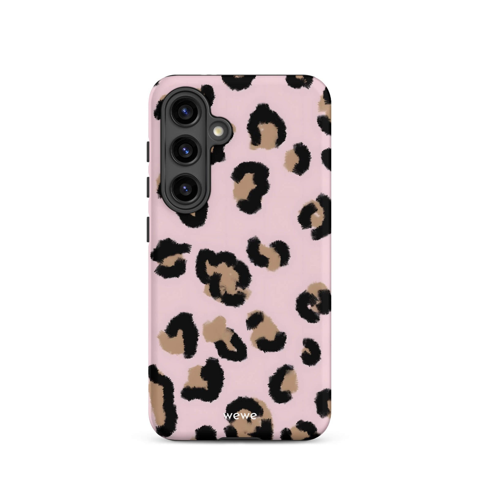 Custom samsung galaxy s24 Phone case with a chic leopard animal print pattern on a pink background.