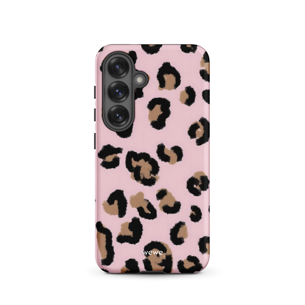 Custom samsung galaxy s25 Phone case with a chic leopard animal print pattern on a pink background.