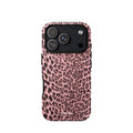 Soft pink phone case with an all-over dark leopard spot print