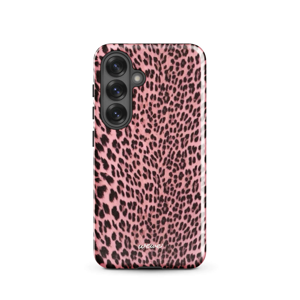 Soft pink phone case with an all-over dark leopard spot print