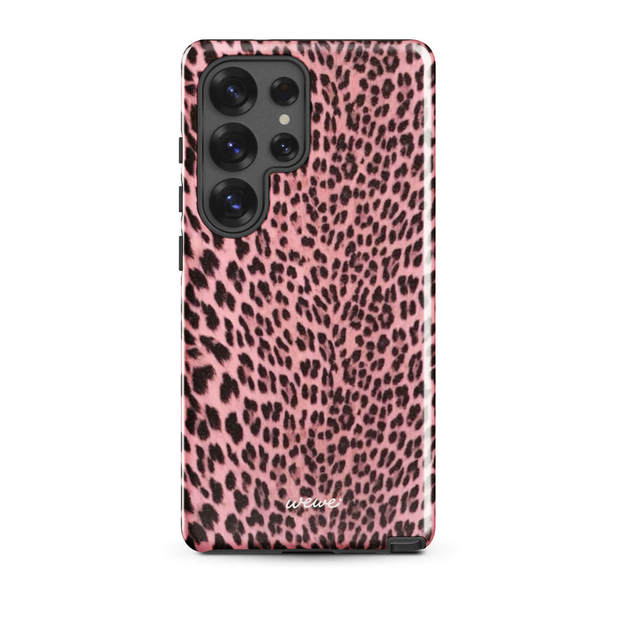Soft pink phone case with an all-over dark leopard spot print
