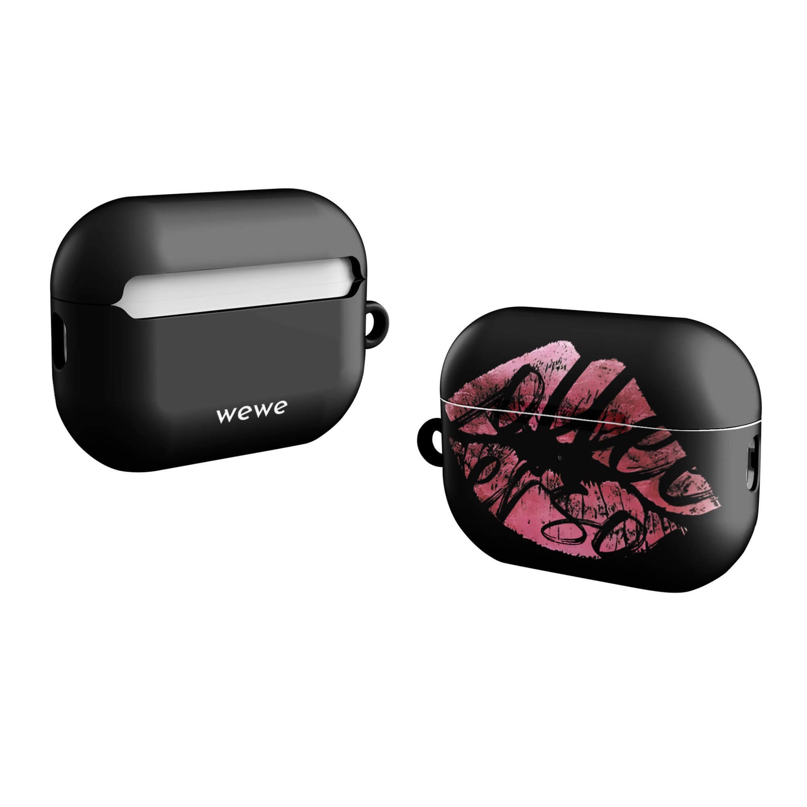 Custom AirPods case pro gen2 with a black background and a glossy, textured pink lips graphic with the words 'Live on'.