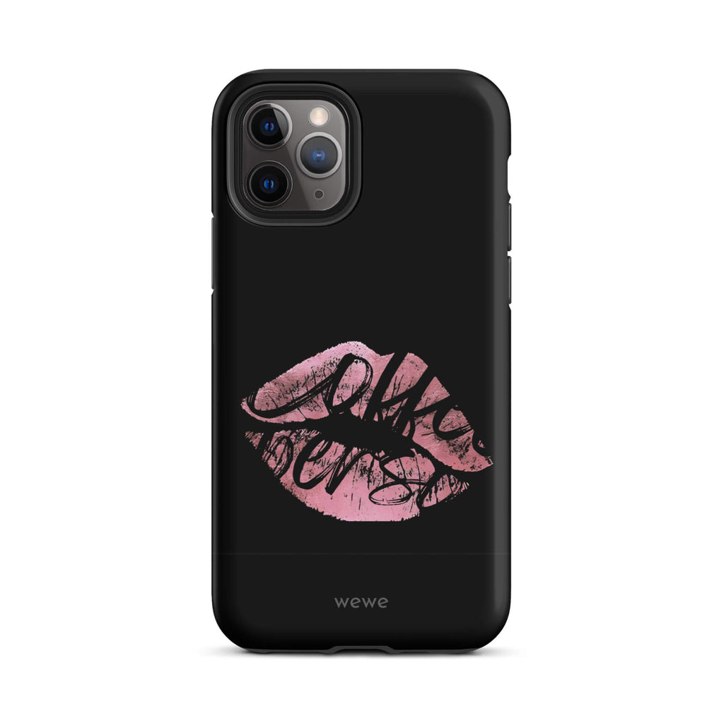 Custom iPhone case 11 pro with a black background and a glossy, textured pink lips graphic with the words 'Live on'.