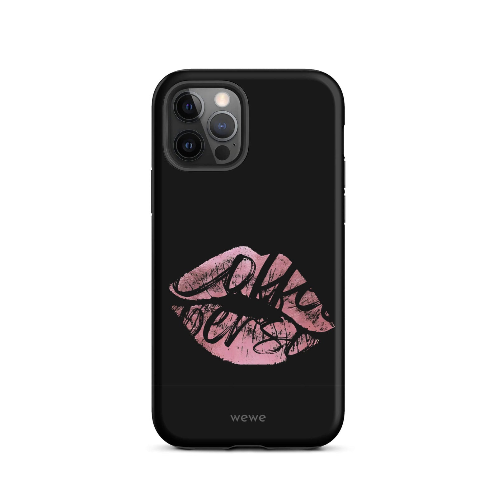 Custom iPhone case 12 pro with a black background and a glossy, textured pink lips graphic with the words 'Live on'.