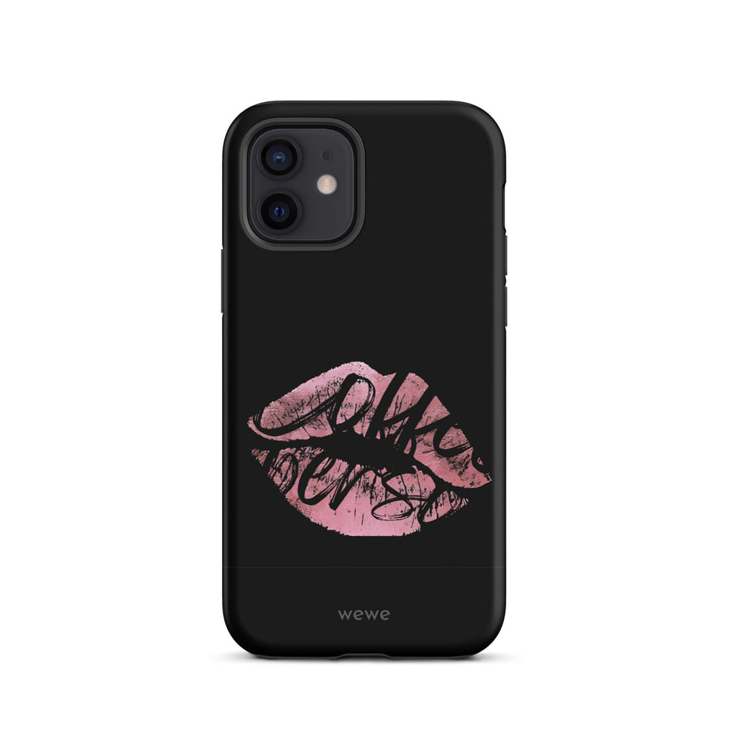 Custom iPhone case 12 with a black background and a glossy, textured pink lips graphic with the words 'Live on'.