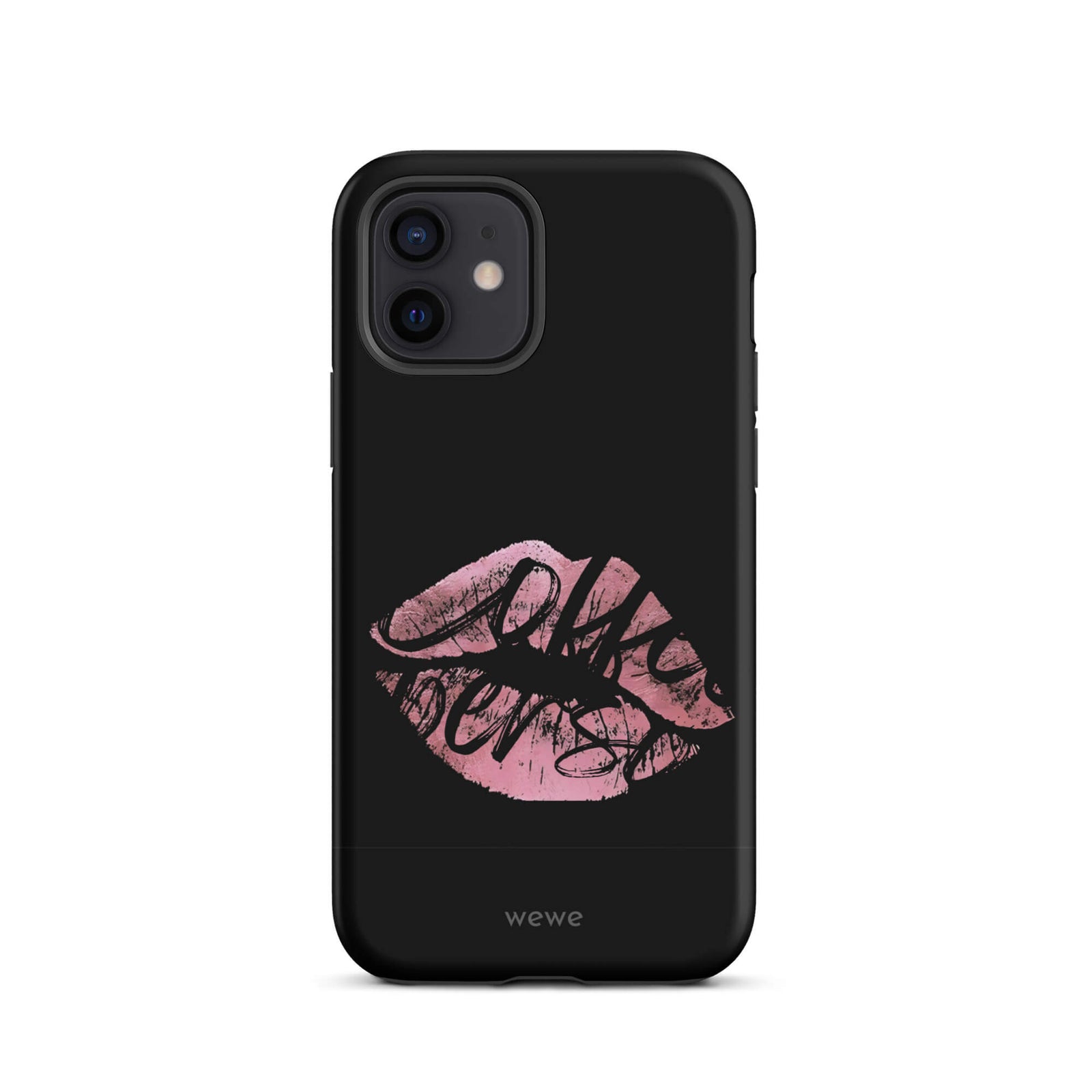 Custom iPhone case 12 with a black background and a glossy, textured pink lips graphic with the words 'Live on'.