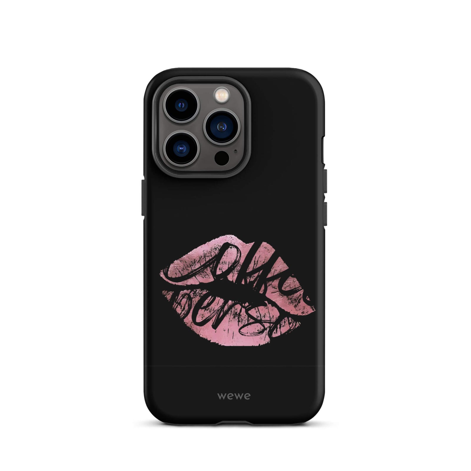 Custom iPhone case 13 pro with a black background and a glossy, textured pink lips graphic with the words 'Live on'.