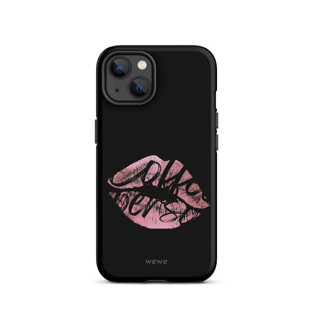 Custom iPhone case 13 with a black background and a glossy, textured pink lips graphic with the words 'Live on'.