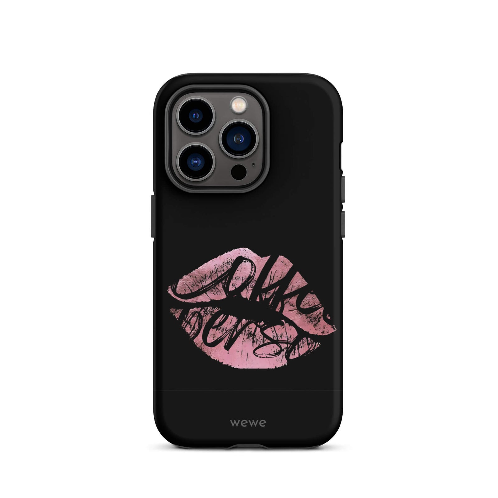 Custom iPhone case 14 pro with a black background and a glossy, textured pink lips graphic with the words 'Live on'.