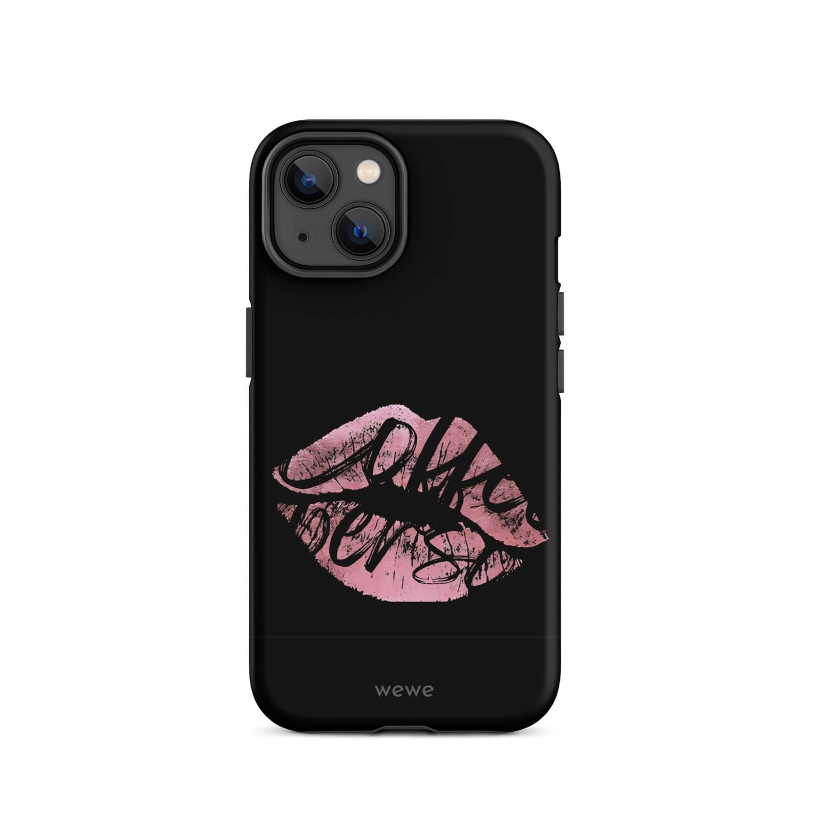 Custom iPhone case 14 with a black background and a glossy, textured pink lips graphic with the words 'Live on'.
