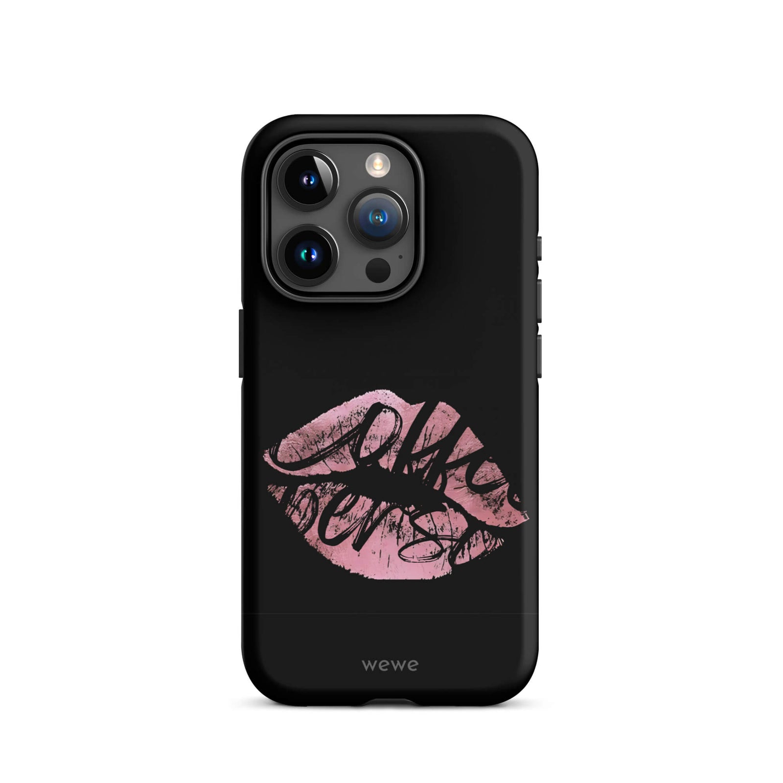 Custom iPhone case 15 pro with a black background and a glossy, textured pink lips graphic with the words 'Live on'.