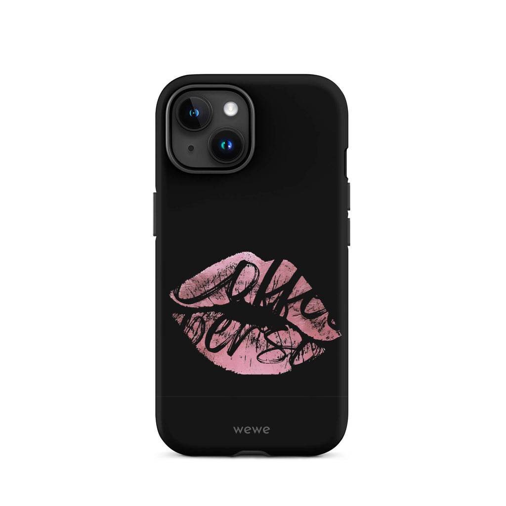 Custom iPhone case 15 with a black background and a glossy, textured pink lips graphic with the words 'Live on'.