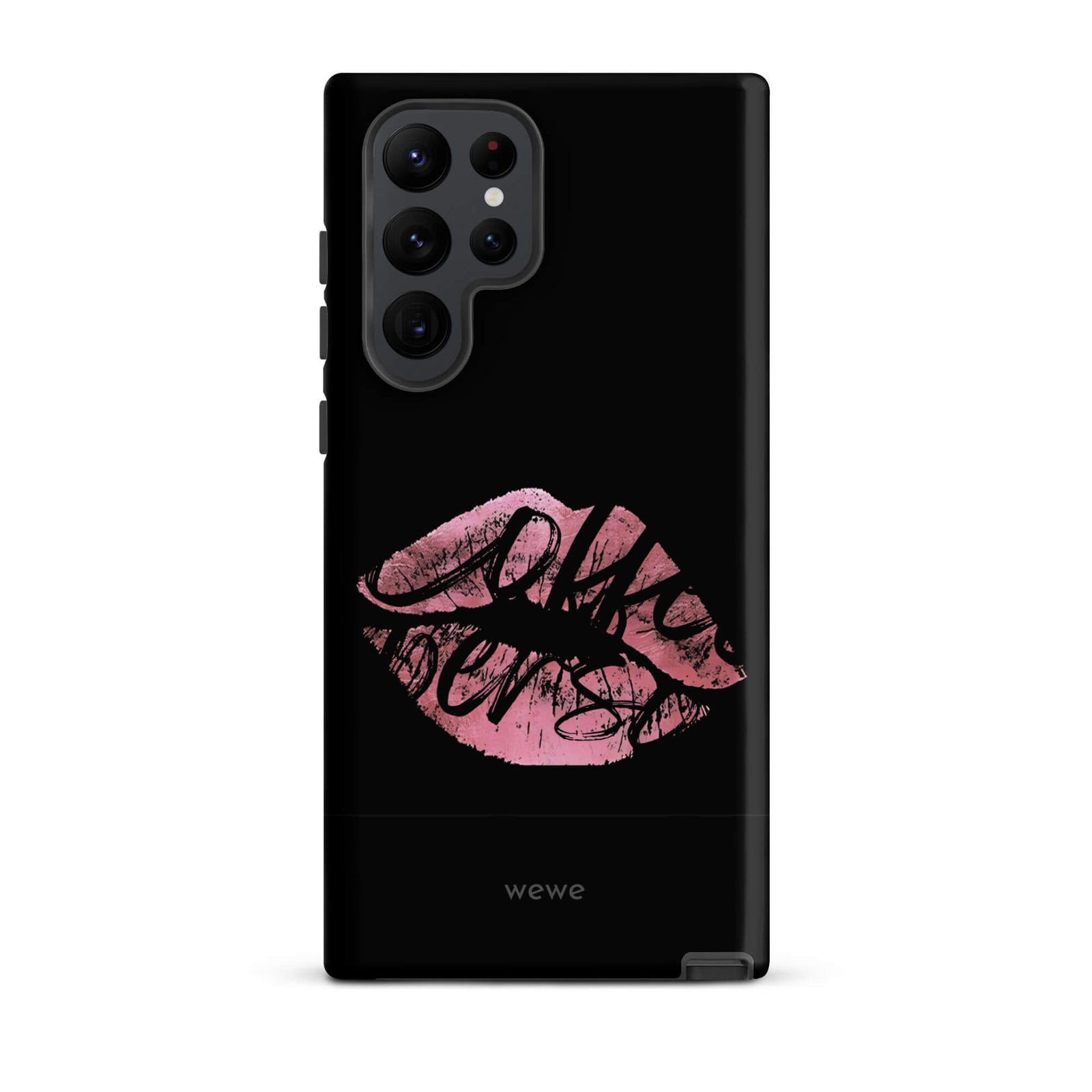 Custom samsung galaxy s22 ultra  Phone case with a black background and a glossy, textured pink lips graphic with the words 'Live on'.
