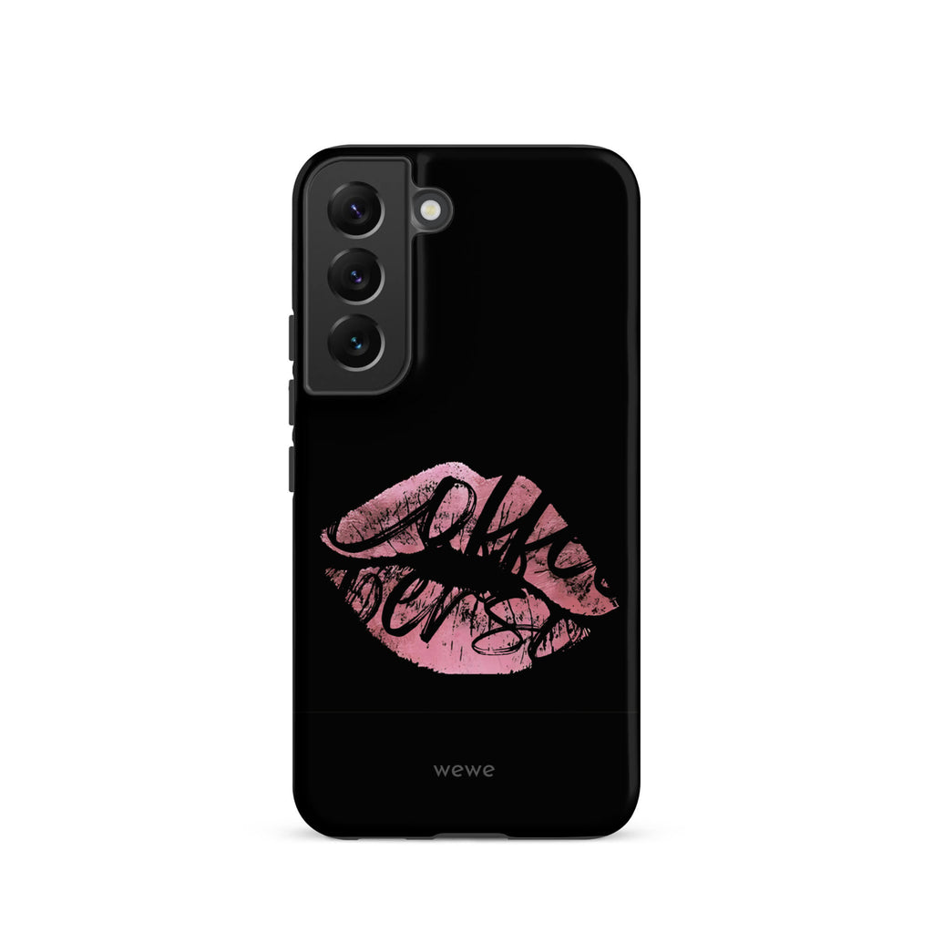 Custom samsung galaxy s22 Phone case with a black background and a glossy, textured pink lips graphic with the words 'Live on'.